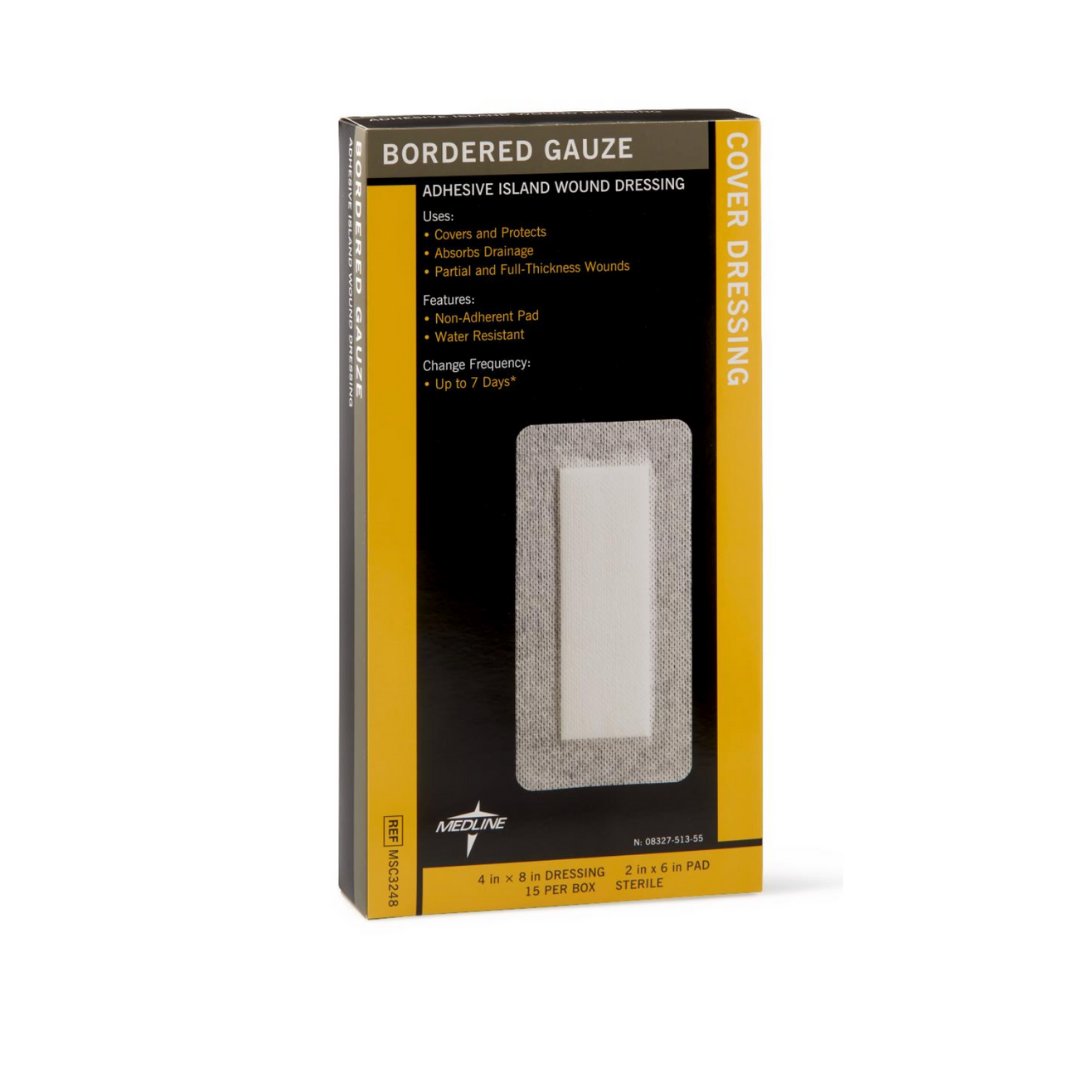 A box of Medline Bordered Gauze Adhesive Island Wound Dressings, shown with a rectangular pad and product info on a black and yellow background, ideal for use as a primary or secondary dressing.